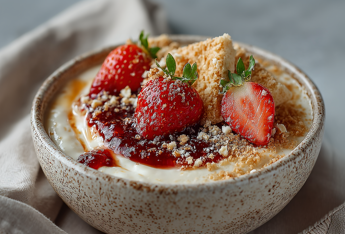 Eine Cheesecake-Bowl auf einem grauen Tuch. Die Bowl ist mit Erdbeeren, Butterkeks-Streuseln und gehackten Walnüssen angerichtet.