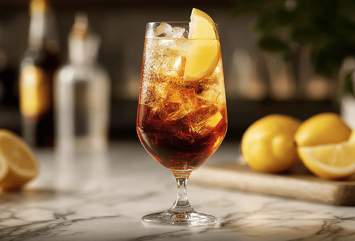 Ein Glas Cynar Spritz, garniert mit einer Zitronenscheibe.