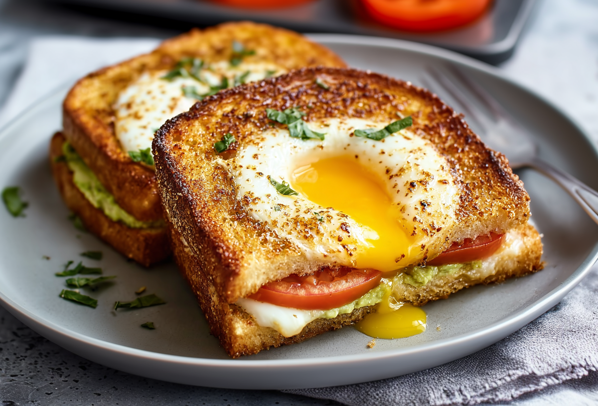 Zwei Egg in a hole-Toasts liegen auf einem grauen Teller. Eine Gabel liegt daneben.