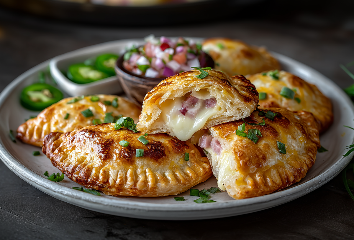 Sechs Empanadas mit Schinken-Käse-Füllung liegen auf einem grauen Teller. Auf dem Teller stehen zwei Schalen mit Jalapeños und Zwiebeln.