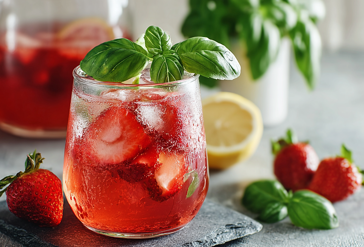 Ein Glas Erdbeer-Basilikum-Limonade mit Eiswürfeln.