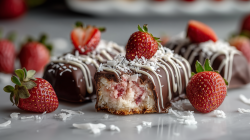 Drei Erdbeer-Bounty liegen auf eine glatten Oberfläche. Eins ist angeschnitten und gibt den Blick auf die Kokos-Erdbeer-Füllung frei. Die Riegel sind mit Erdbeeren und Kokosraspel verziert.