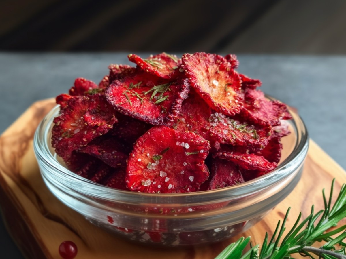 Eine Schale mit Erdbeer-Chips aus dem Airfryer. Die Glasschale steht auf einem Holzbrett. Außerdem kann man einen Zweig frischen Rosmarin und eine Erdbeere darauf erkennen.
