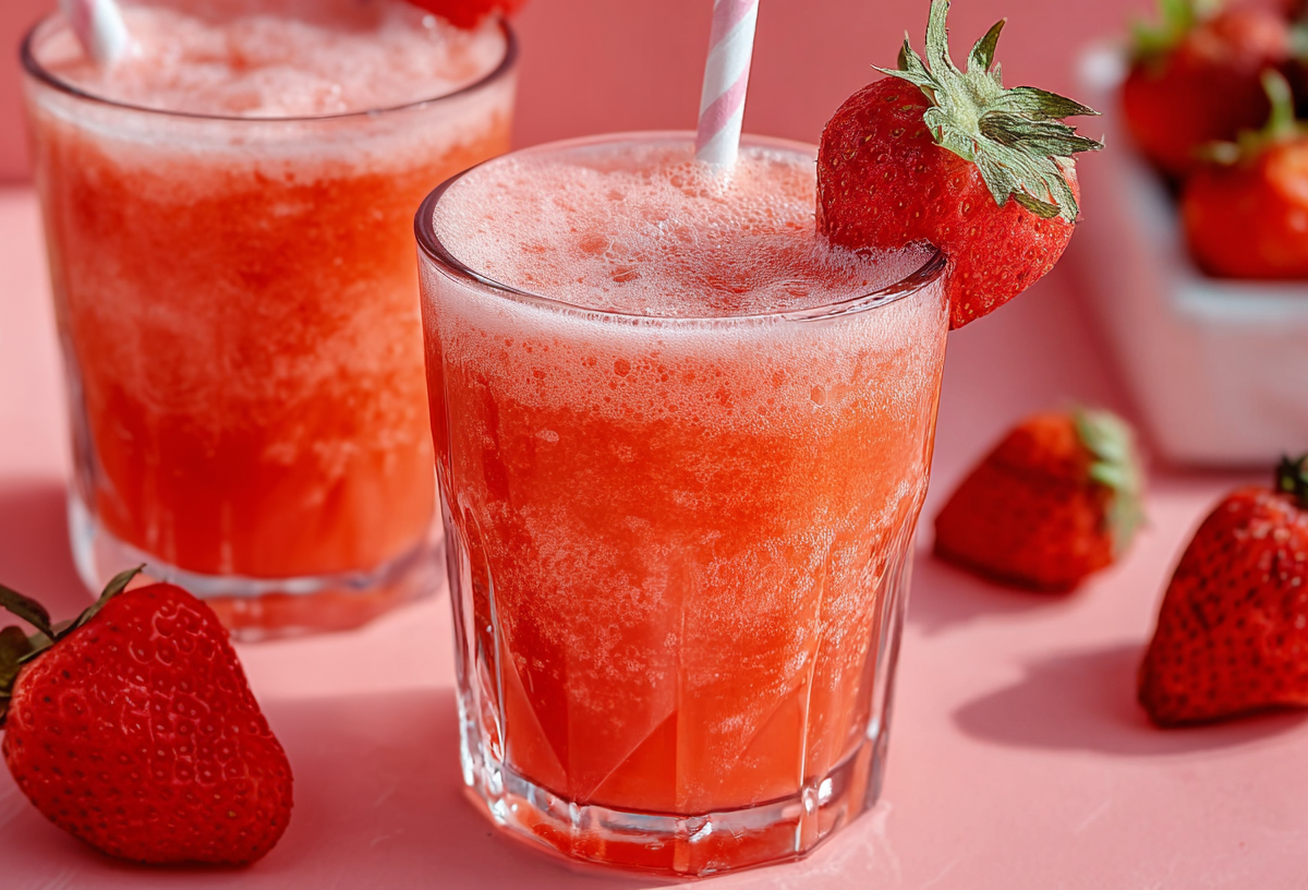 Zwei Gläser mit Erdbeer-Gin-Fizz und Strohhalm. Einzelne Erdbeeren liegen als Dekoration außen herum.