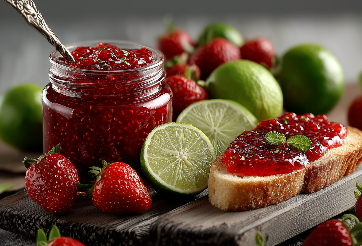 Ein Glas mit Erdbeer-Limetten-Marmelade. Es ist umgeben von frischen Erdbeeren und Limetten. Davor liegt ein Brot, das mit der Marmelade bestrichen ist.