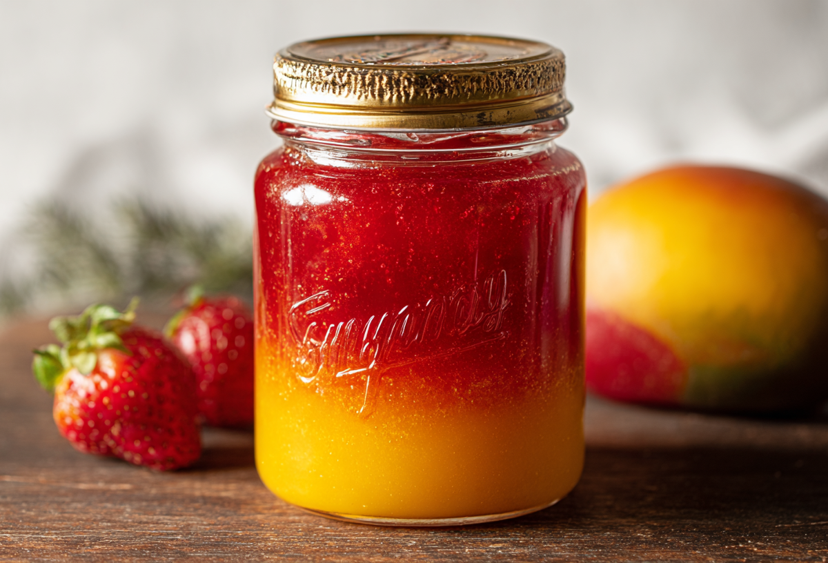 Ein Glas Erdbeer-Mango-Marmelade. Im Hintergrund zwei Erdbeeren und eine Mango.
