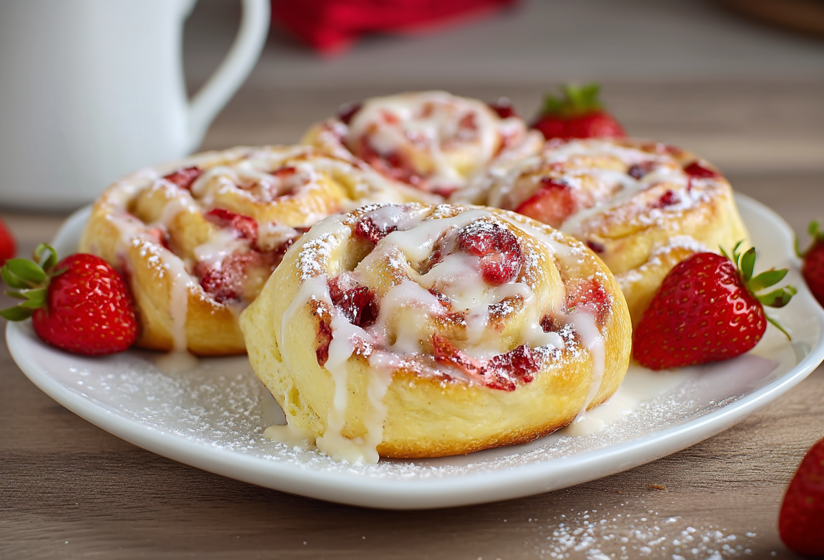 Vier Erdbeer-Puddingschnecken liegen auf einem weißen Teller. Sie sind mit Zuckerguss-Creme übergossen und von frischen Erdbeeren umringt. Im Hintergrund steht eine Tasse.