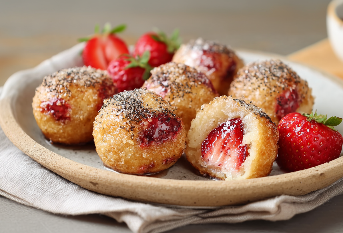 Sechs Erdbeer-Quarkbällchen aus dem Airfryer liegen auf einem Teller. Im Hintergrund steht eine Tasse mit Kaffee. Neben den Bällchen liegen einige weitere frische Erdbeeren.