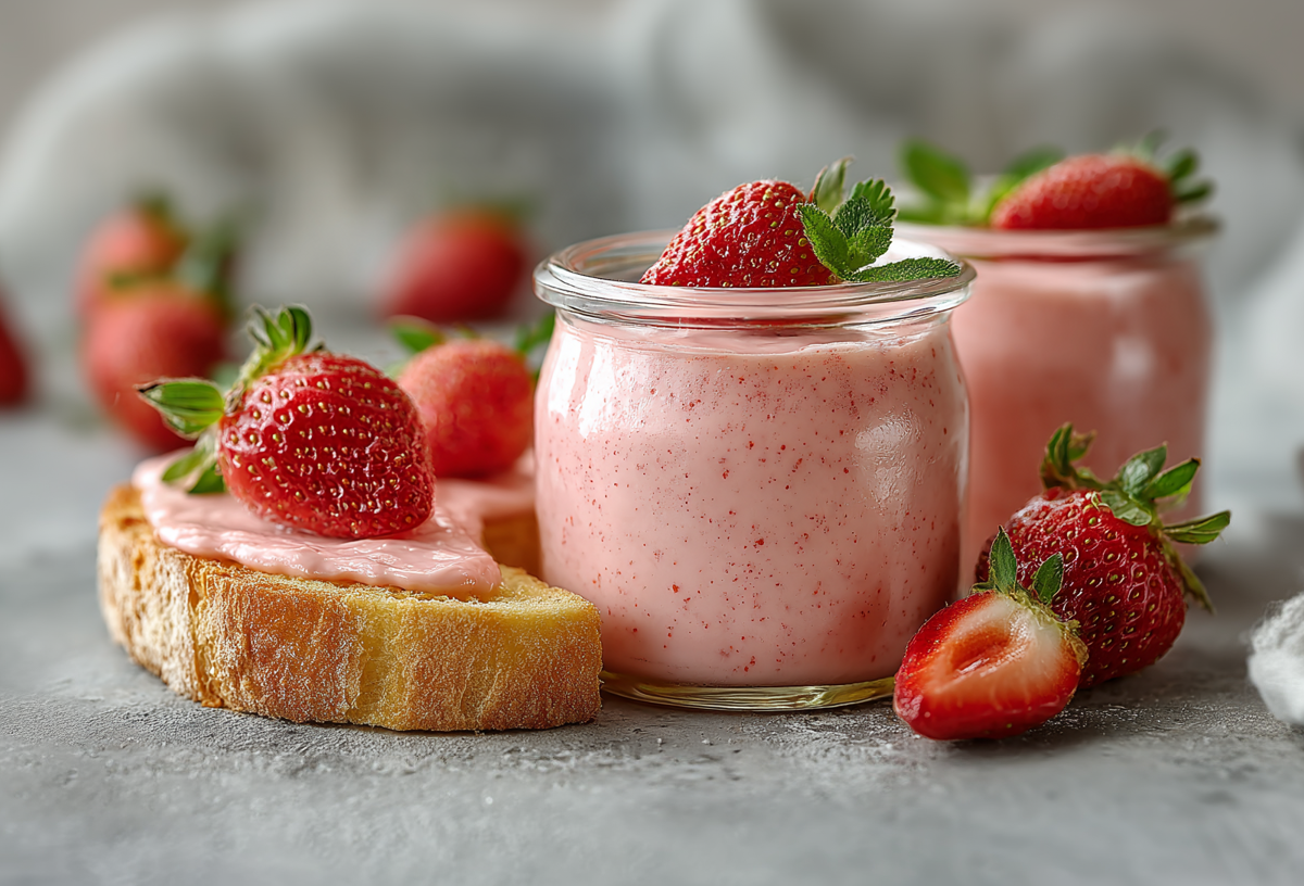 Zwei Gläser Erdbeercurd auf grauem Untergrund. Daneben liegt ein Brot mit dem Aufstrich. Auf den Gläsern, auf dem Brot und drumherum liegen Erdbeeren verteilt.