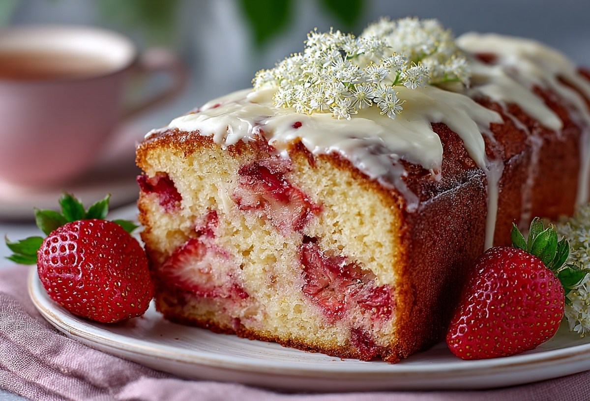 Ein angeschnittener Erdbeerkuchen mit Holunder, verziert mit Zuckerguss, auf einem Teller. Daneben frische Erdbeeren und Holunderblüten.