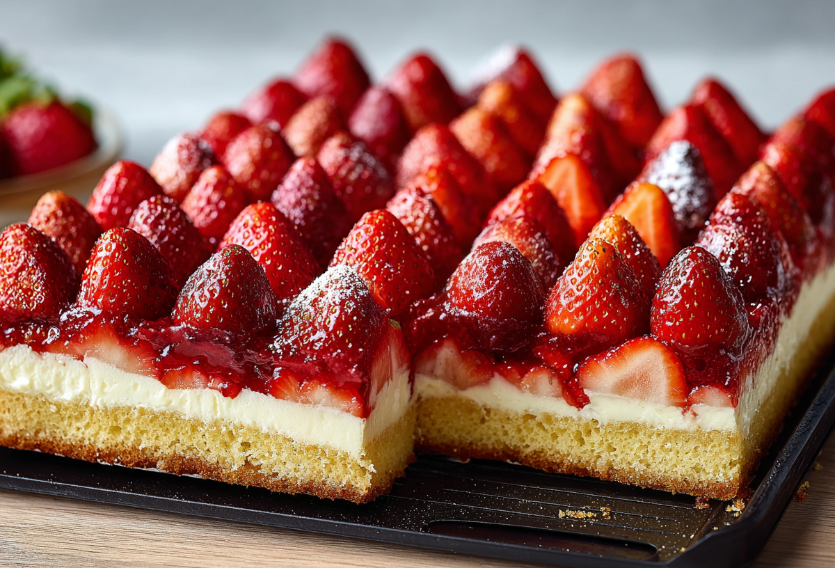 Erdbeerkuchen mit Vanillepudding vom Blech.