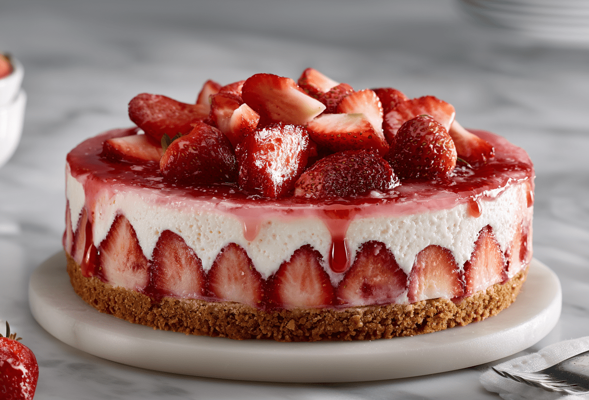 Eine Erdbeertorte ohne Backen auf einem Marmoruntersetzer. Drumherum liegen einige Erdbeeren verteilt. Rechts neben der Torte liegt eine Gabel.