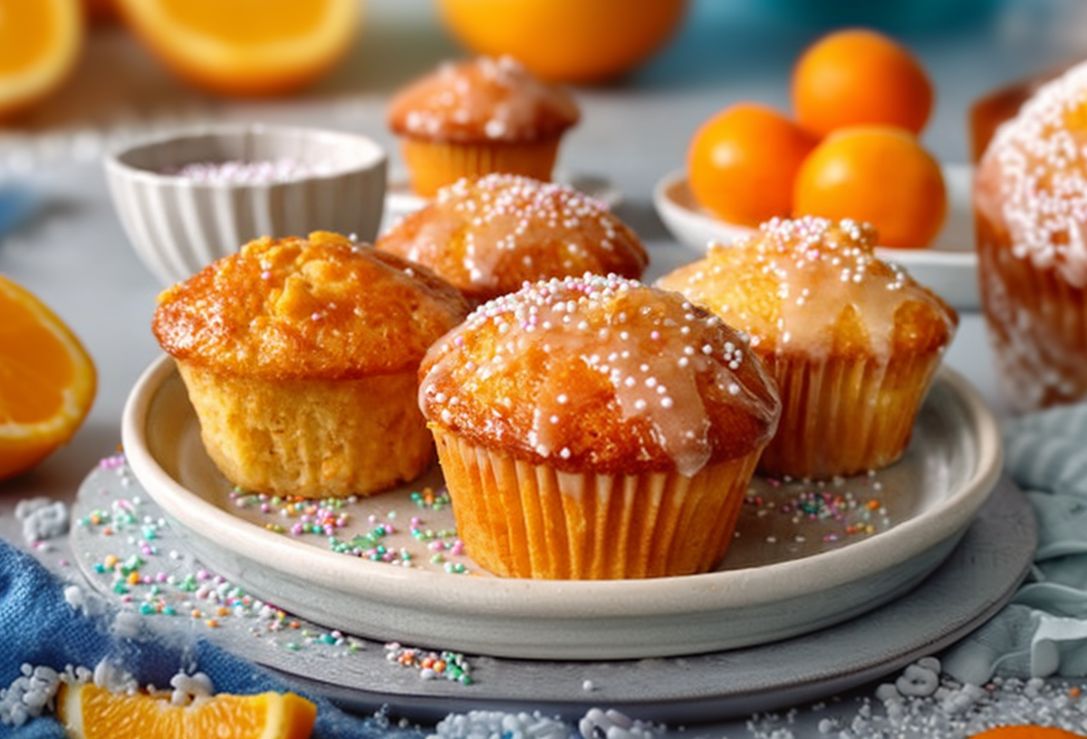 Ein Teller mit Fanta-Muffins mit Guss und bunten Streuseln. Im Hintergrund liegen aufgeschnittene Orangenhälften.
