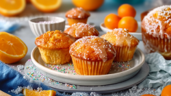 Ein Teller mit Fanta-Muffins mit Guss und bunten Streuseln. Im Hintergrund liegen aufgeschnittene Orangenhälften.