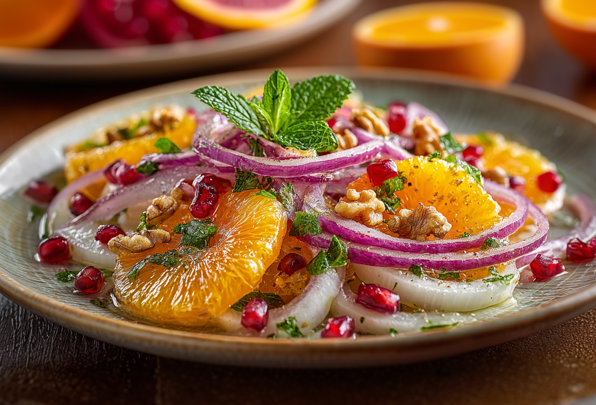 Fenchelsalat mit Orangen und Walnüssen auf einem schlichten, schönen Teller. Im hintergrund liegen noch weitere Zitrusfrüchte.