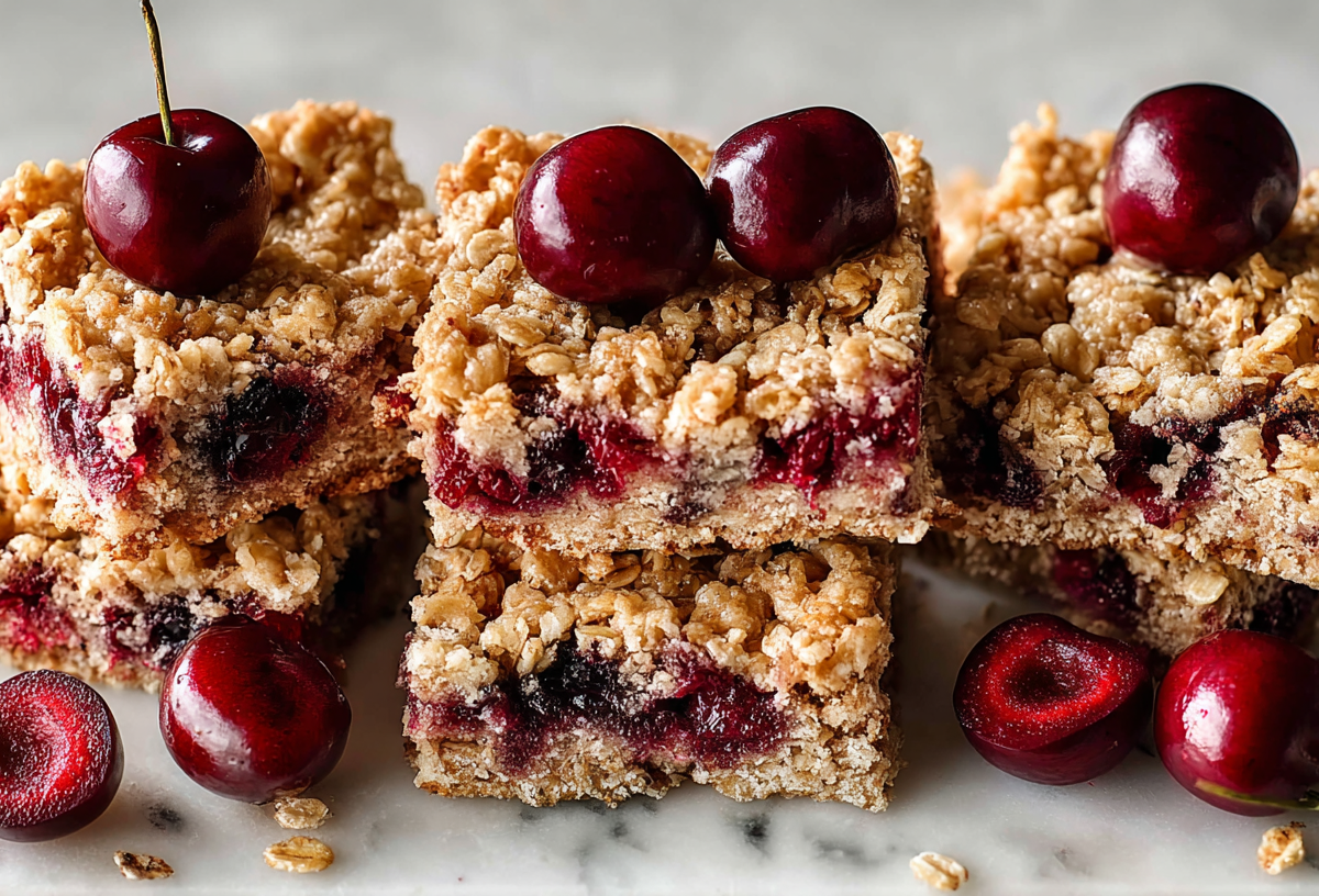 Mehrere kleine Stapel aus Flapjacks mit Kirschen.