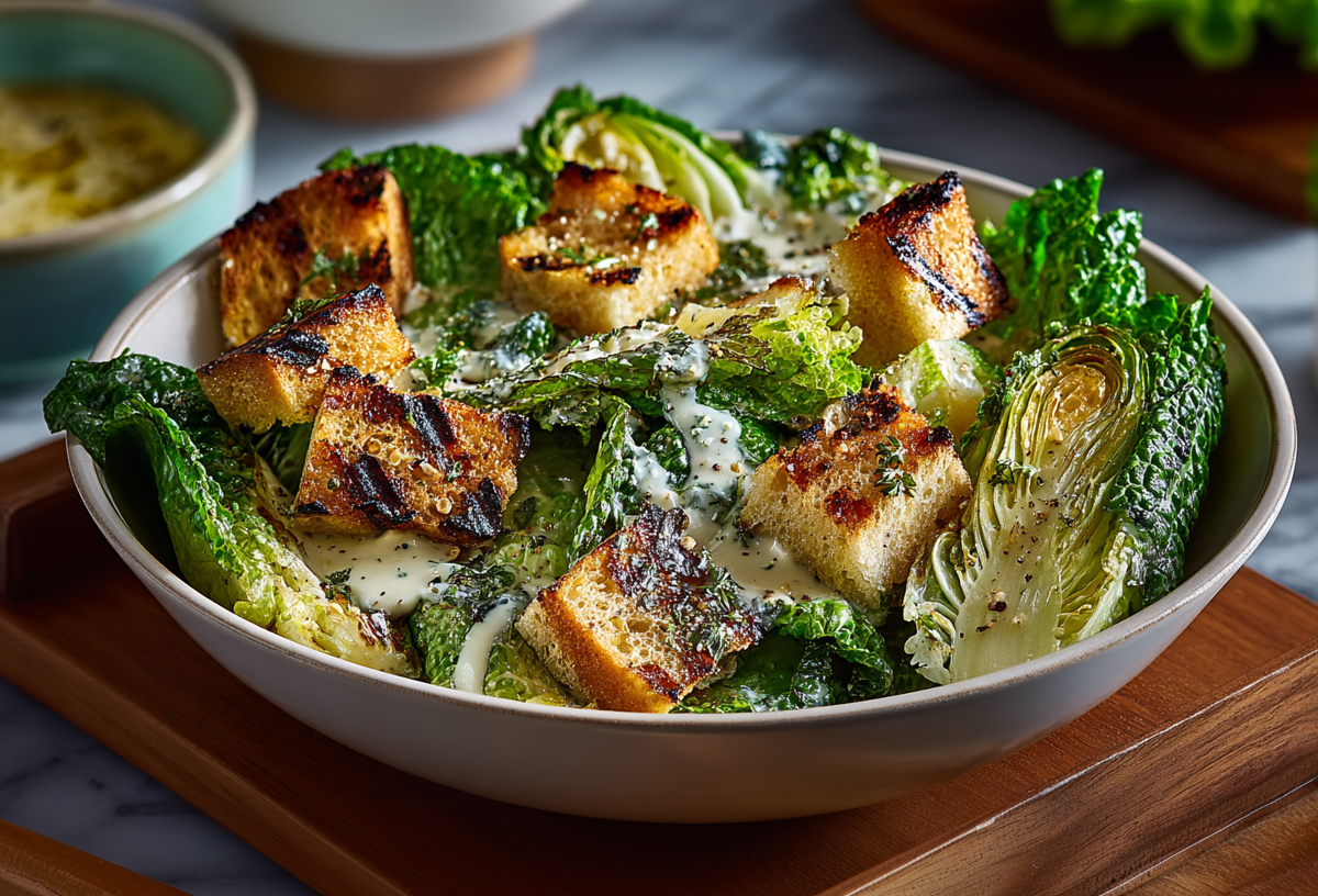 Eine Schüssel mit gegrilltem Romanasalat, garniert mit Brotwürfeln und Parmesan-Dressing.