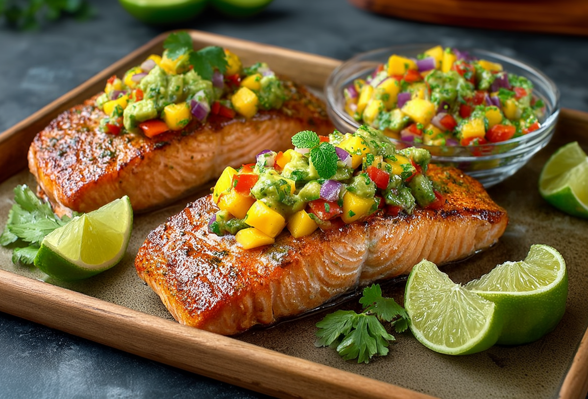 Zwei Stücke gegrillter Lachs liegen auf einem Tablett, mit je einem großen Klecks Mango-Salsa. Limettenspalten und Korianderblätter als Deko daneben.