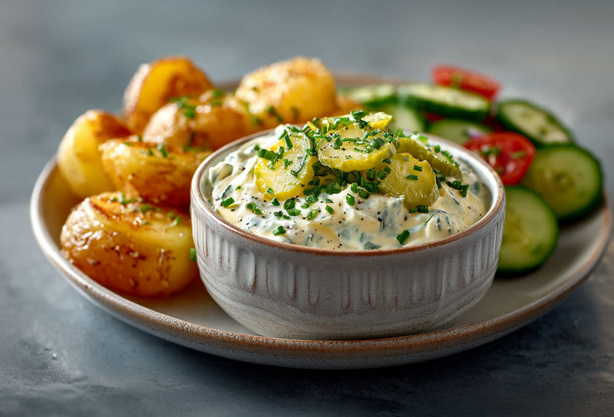 Ein Teller mit einer Schale mit Gewürzgurken-Dip, Kartoffeln und Salat.