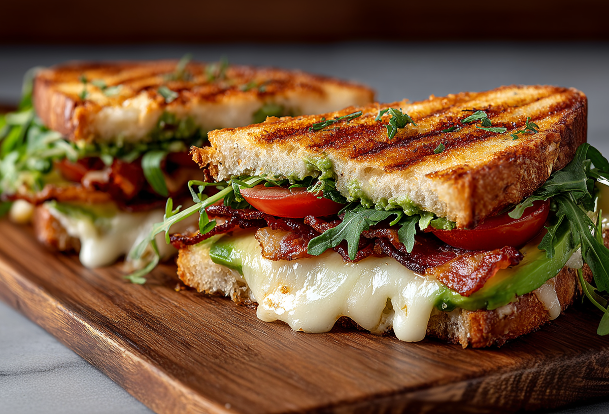 Zwei Grilled-Cheese-Sandwiches mit Bacon und Avocado auf einem Holzbrett. Geschmolzener Käse läuft aus ihnen heraus.