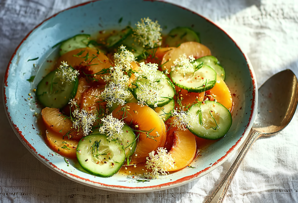 Gurken-Pfirsich-Salat mit Holunderblüten in einer hellblauen Schüssel.