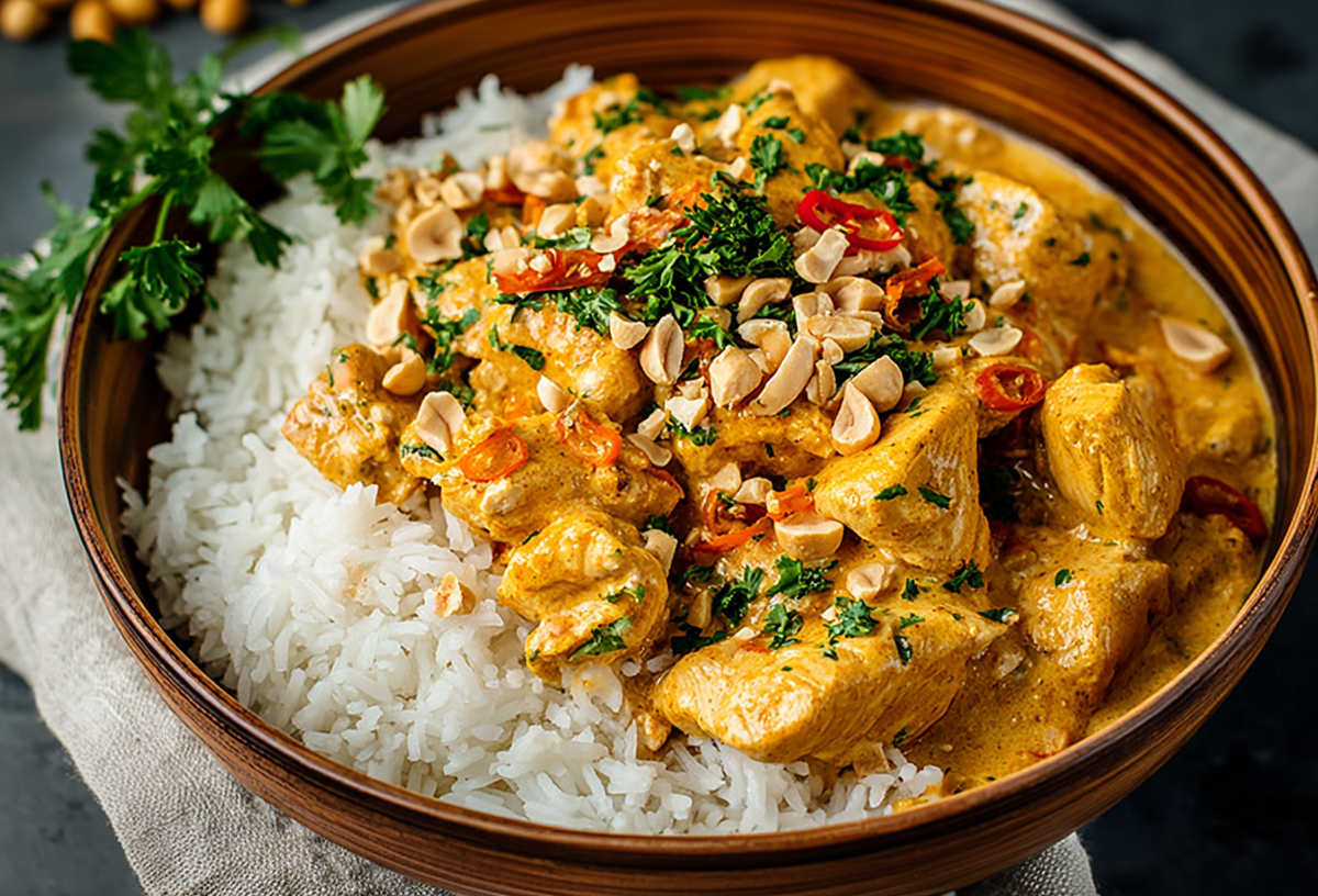 Hähnchen-Erdnuss-Curry mit Reis in einer Holzschüssel.