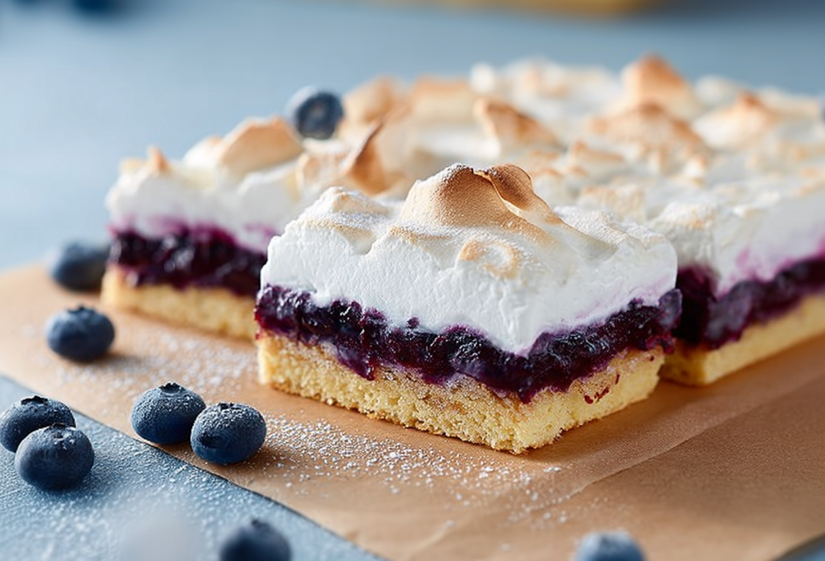 Mehrere Stücke Heidelbeer-Baiser-Kuchen vom Blech liegen auf einem Stück Backpapier. Außen herum liegen ein paar Heidelbeeren als Dekoration.