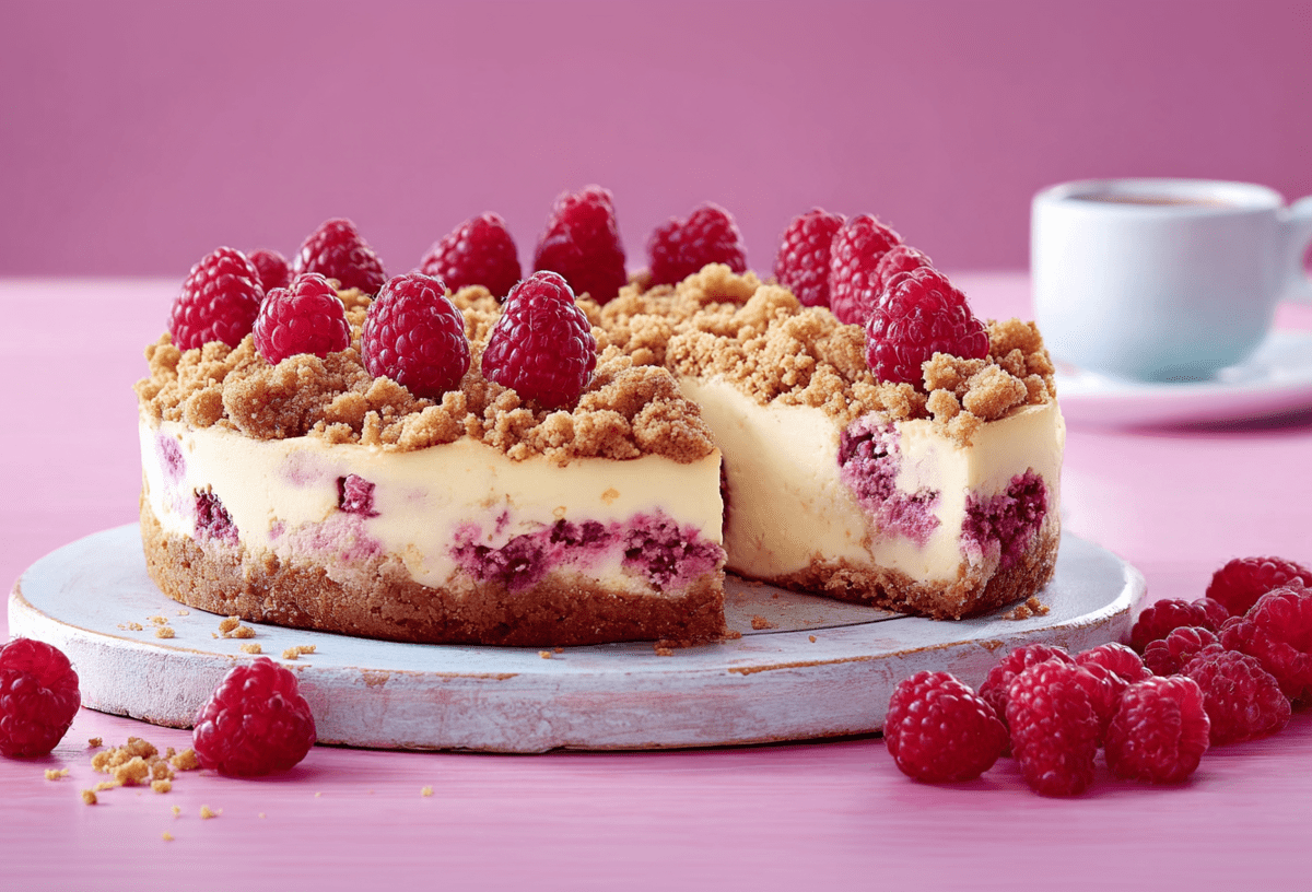 Ein angeschnittener Himbeer-Quark-Kuchen steht auf einer Platte. Davor liegen ein paar Himbeeren. Im Hintergrund eine Kaffeetasse.