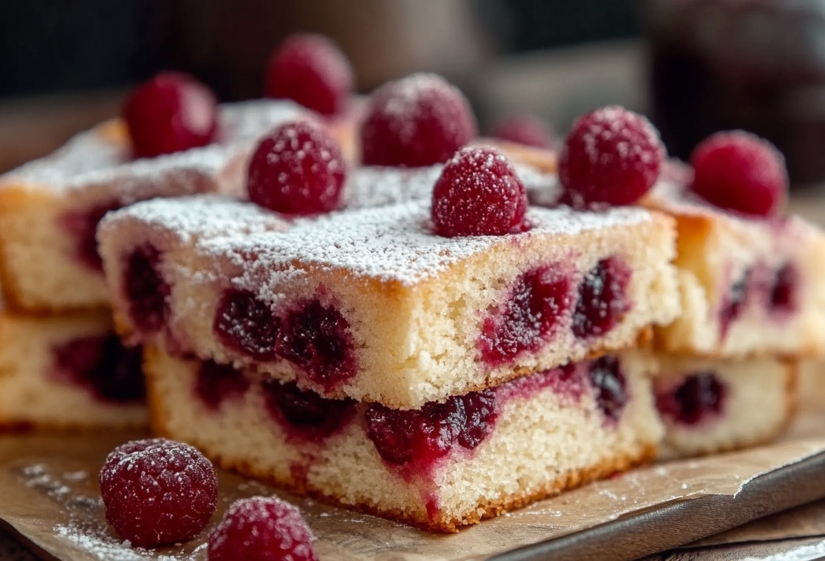 Einige Stücke Himbeer-Schmandkuchen vom Blech, mit Puderzucker bestäubt.