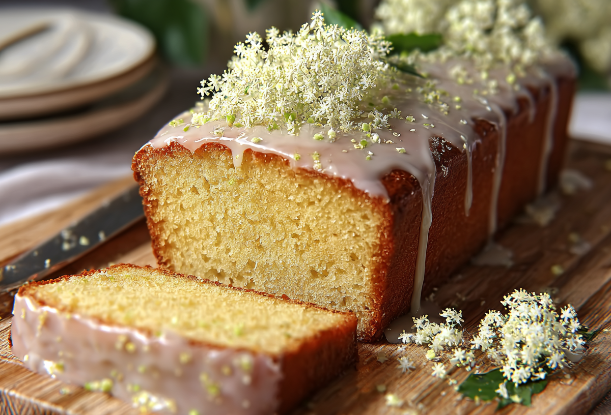 Ein angeschnittener Holunderblütenkuchen aus der Kastenform.