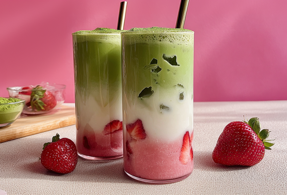 Zwei Gläser mit Iced-Erdbeer-Kokos-Matcha-Latte mit Strohhalmen. Erdbeeren und Schälchen mit Matcha-Pulver und Erdbeeren als Deko im Hintergrund.