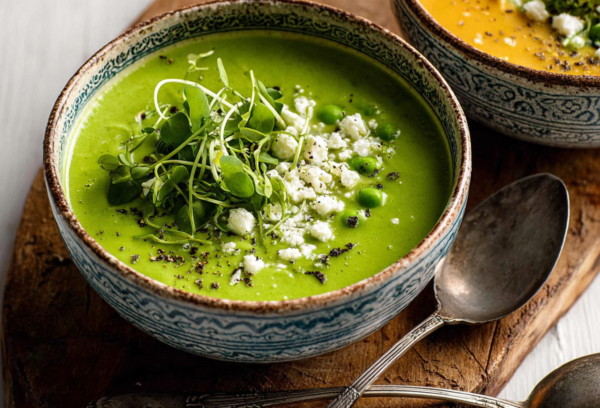 Eine Schüssel kalte Erbsensuppe mit Feta.