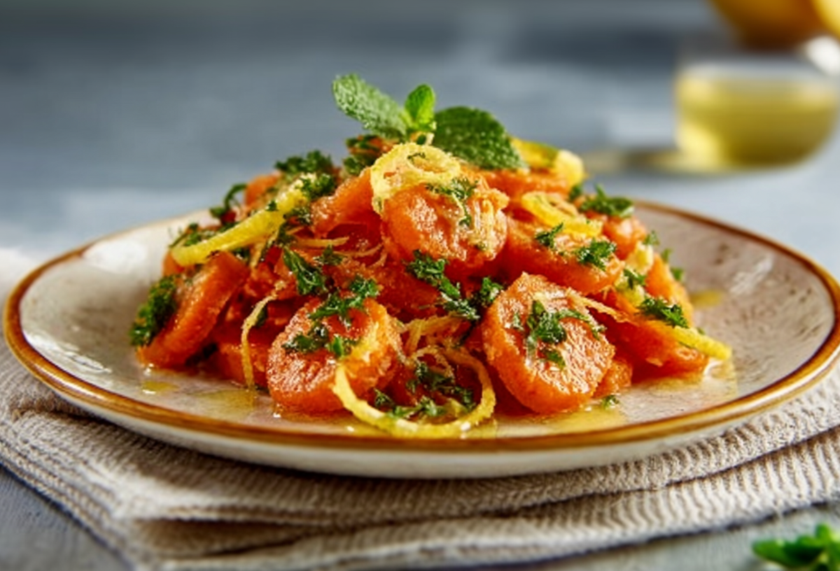 Ein Teller mit Karottensalat mit Salzzitronen, dekoriert mit Minze und Petersilie.