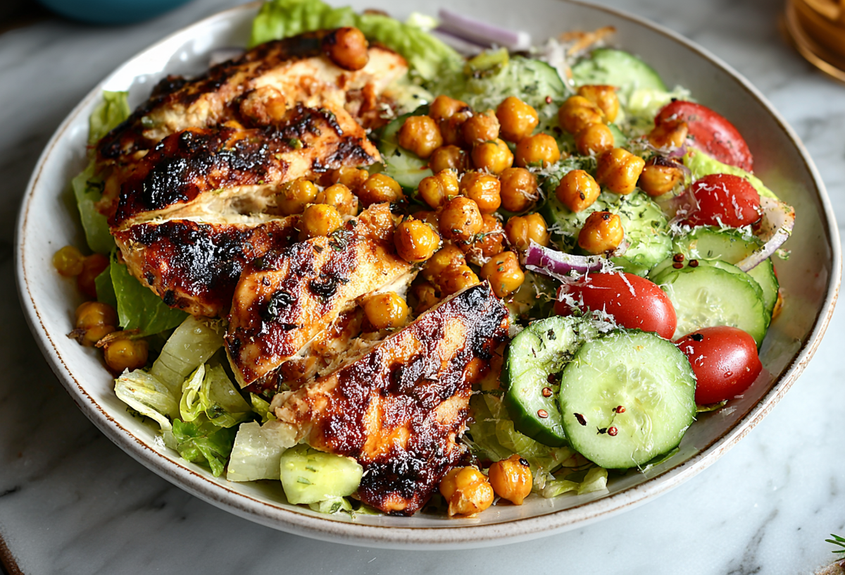 Ein tiefer Teller mit Kichererbsensalat mit gegrilltem Huhn.