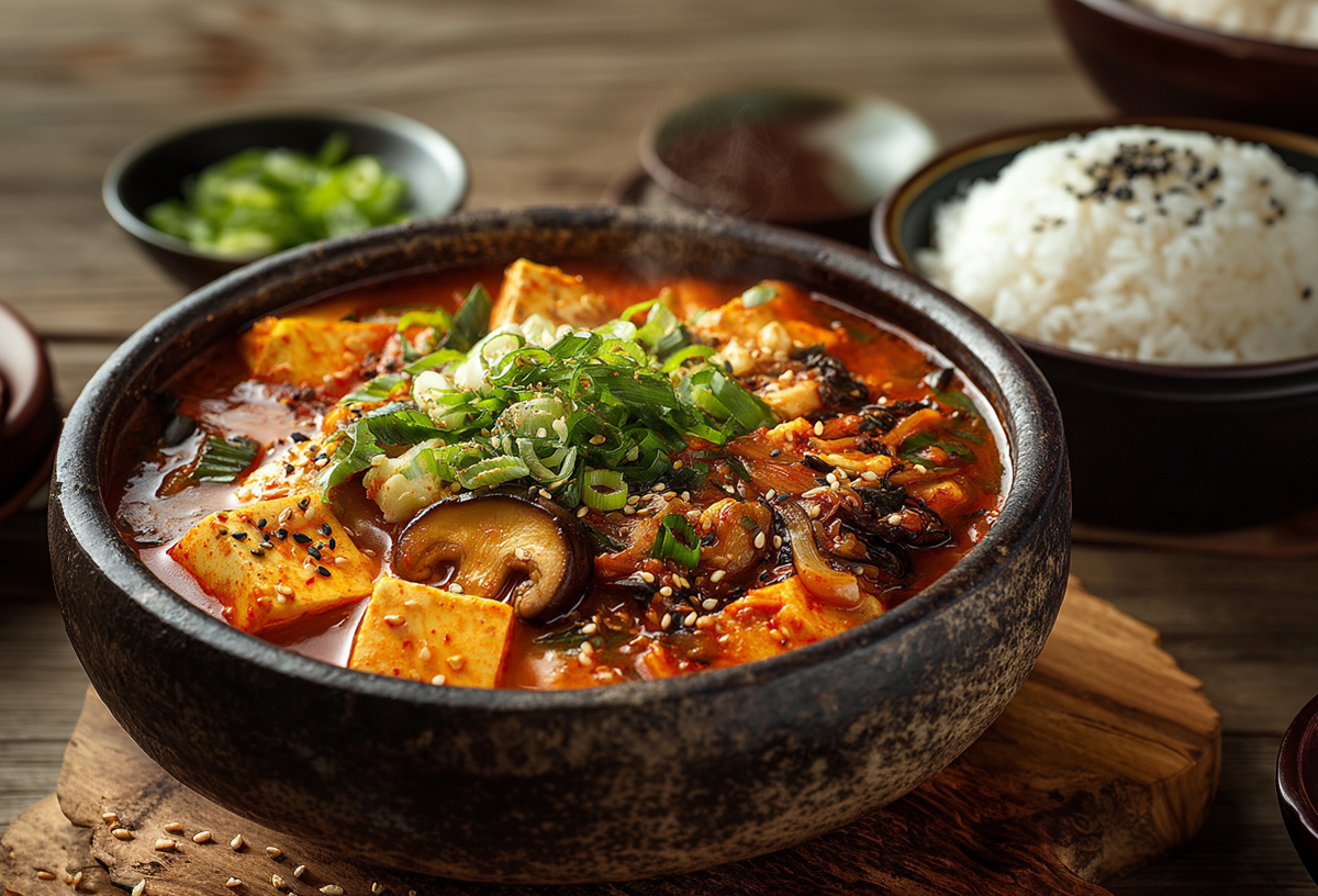 Eine Kimchi-Suppe in einer schwarzen Schale auf einem Holzuntersetzer auf einem Holztisch. Um die Schale stehen verschiedene Zutaten. Links liegen einige Pilze in einer Schale, daneben grüne Frühlingszwiebelringe, daneben ein paar Gewürze und ganz rechts eine Schale Reis.