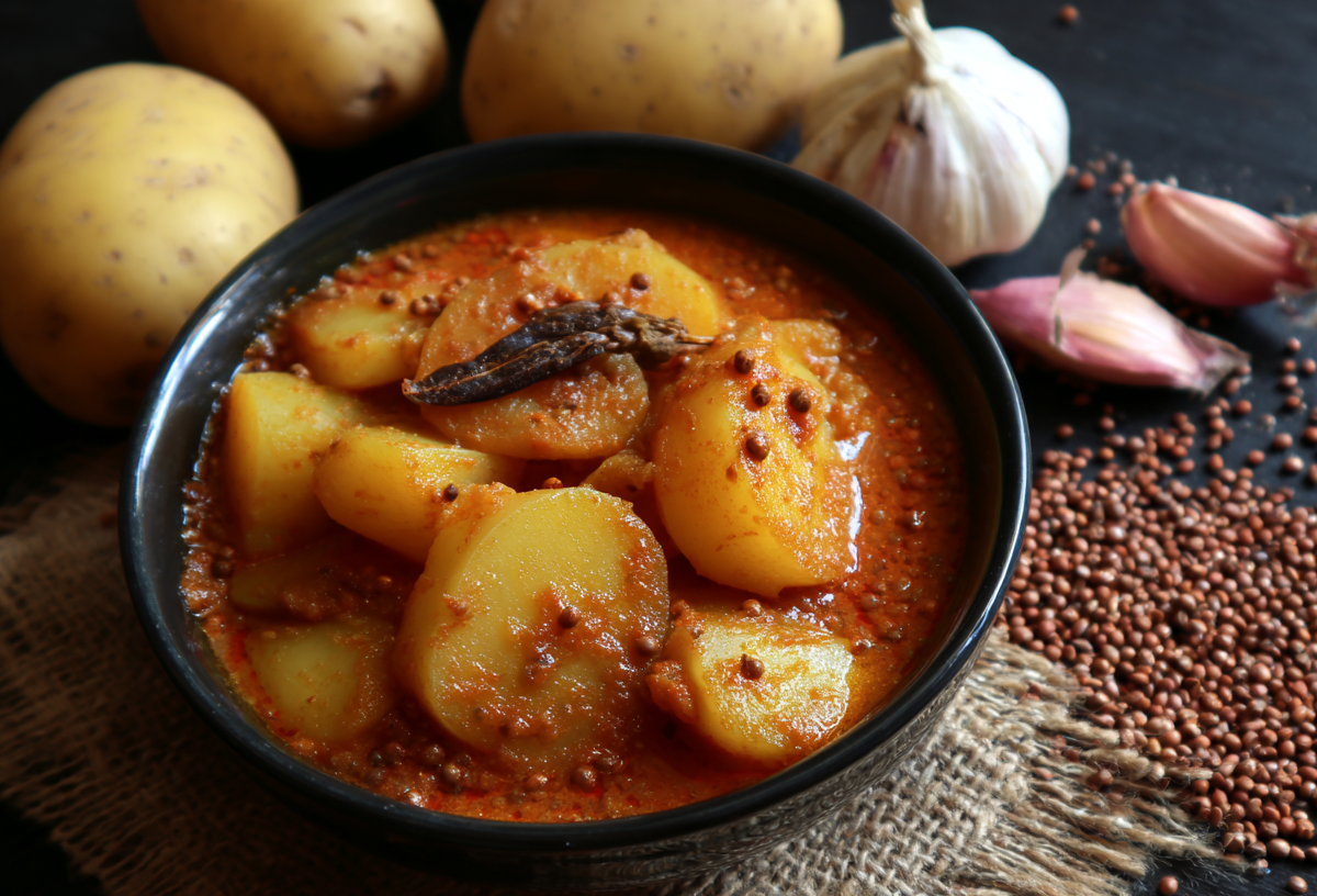 Eine Schale Knoblauch-Kartoffel-Curry mit schwarzen Senfsamen. Daneben liegen einige Zutaten wie Knoblauch und Kartoffeln.