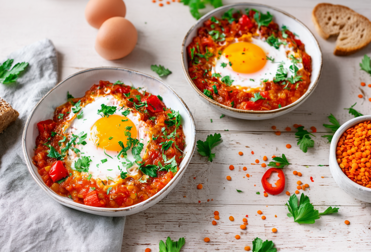 Zwei Schalen mit Linsen-Paprika-Schakshuka steben nebeneinander. LInsen, Kräuter und Eier liegen als Deko daneben.