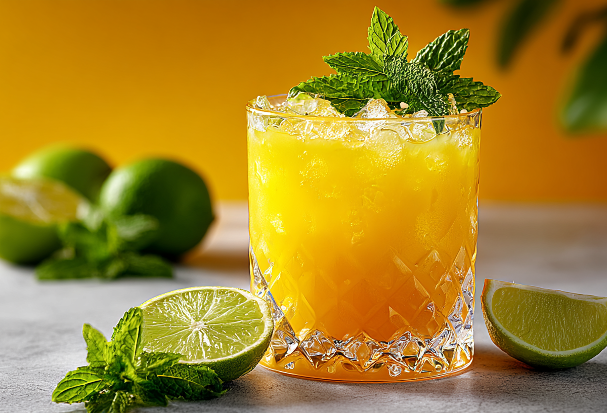 Ein Glas mit Mango Mule steht auf einem Tisch, garniert mit frischer Minze. Um das Glas liegen Limettenspalten und frische Minzblätter.