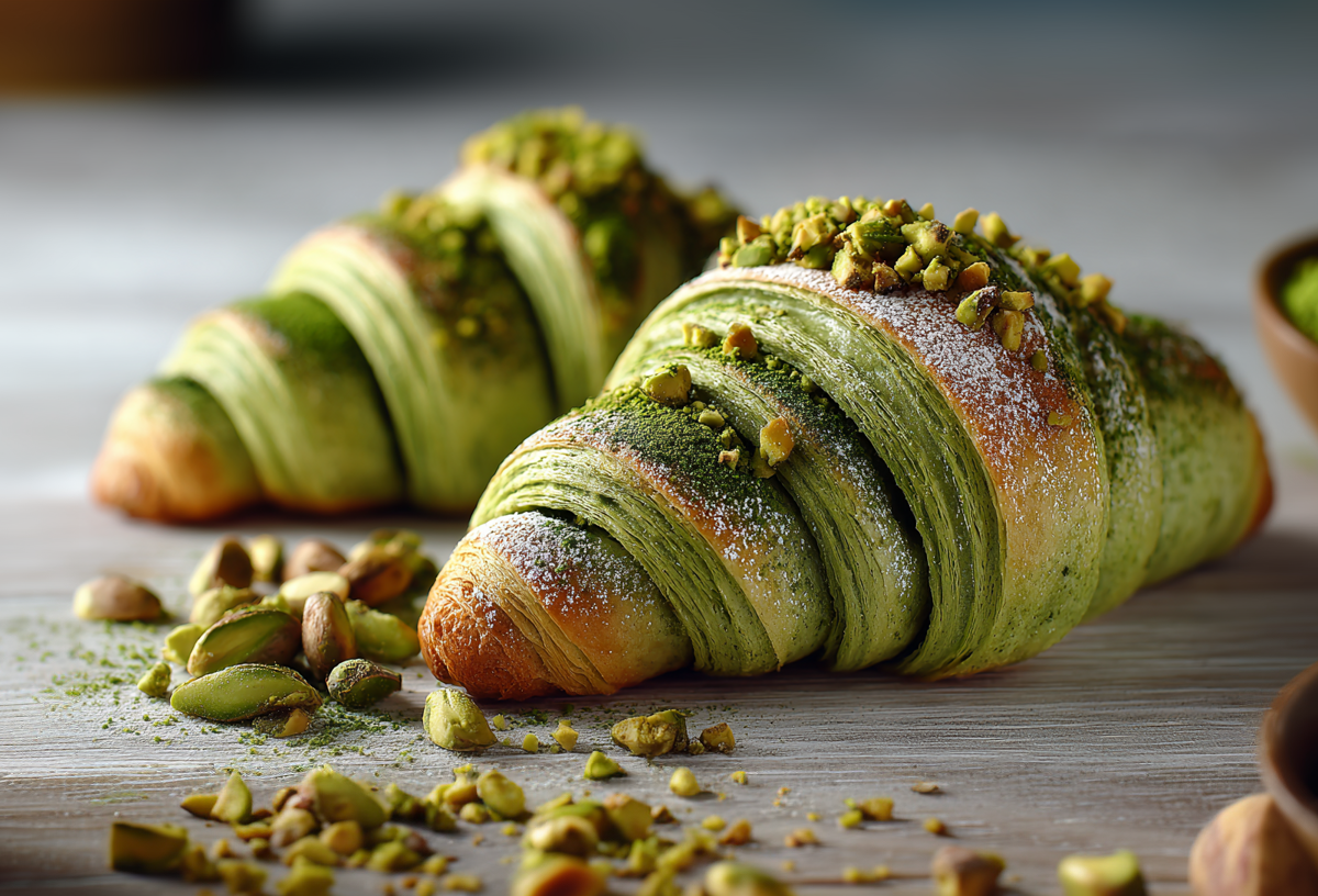 Zwei Matcha-Croissants liegemn auf einem grauen Holztisch. Vor ihnen liegen einige gehackte und ganze Pistazien. Rechts und links im Bild sind zwei Schalen mit Matcha-Pulver zu sehen.