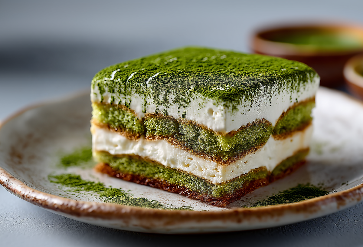 Ein Stück Matcha-Tiramisu auf einem grauen Teller. Im Hintergrund stehen zwei Schalen mit Matcha-Pulver.