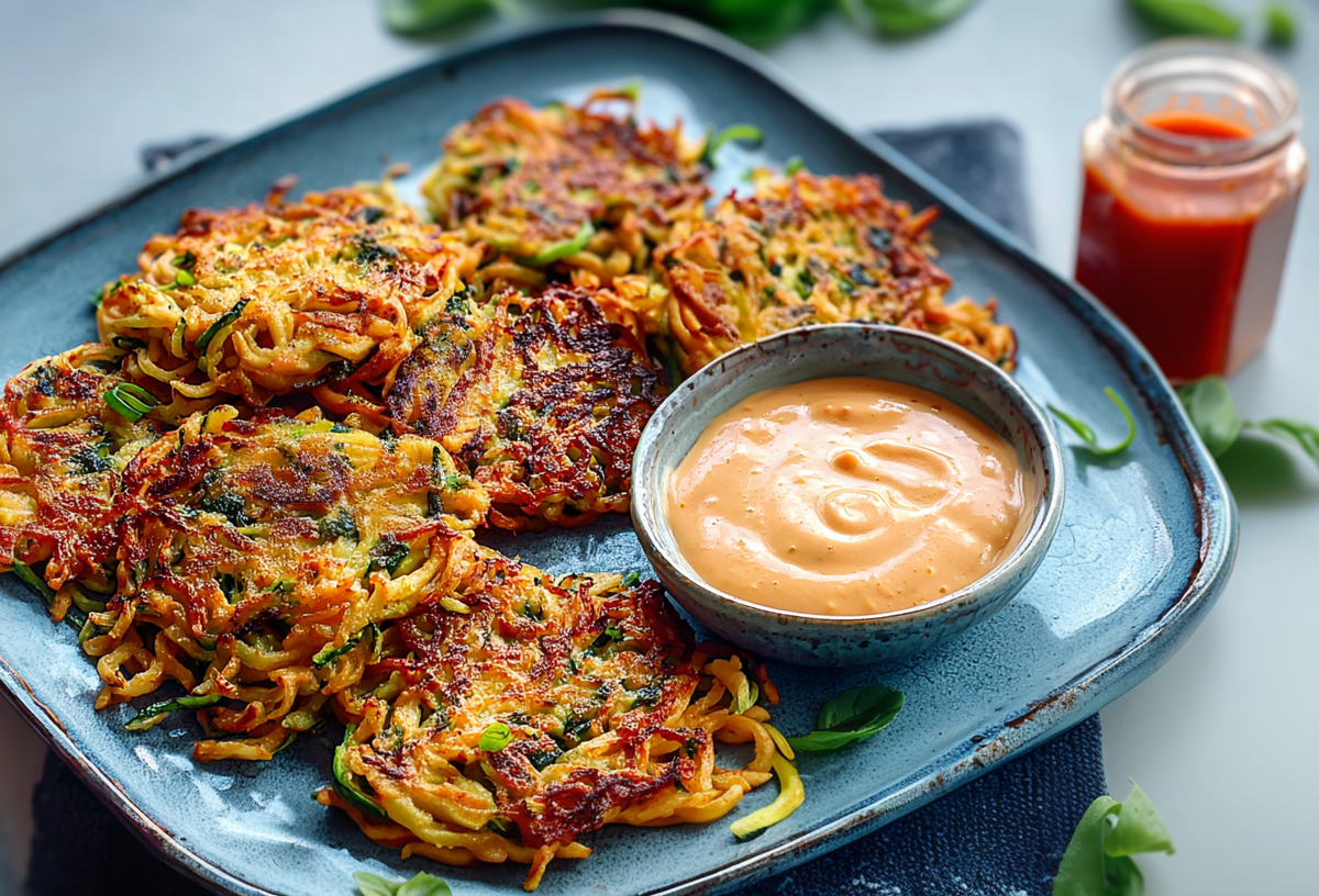 Ein Teller mit Mie-Nudeln-Zucchini-Puffern. Daneben steht ein Sriracha-Dip.