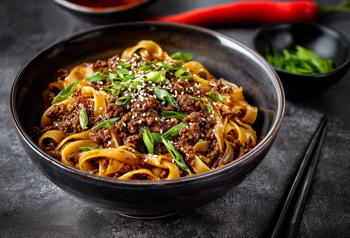 Eine Schüssel mit mongolischer Hackfleisch-Pasta auf einer grauen Arbeitsplatte. Neben der Schale liegen zwei Essstäbchen. Im Hintergrund sieht man eine Chilischote sowie eine kleine Schale Frühlingszwiebeln.