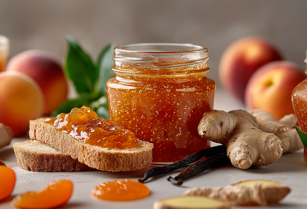 Ein Glas Nektarinen-Marmelade auf einem grauen Untergrund. Um das Glas verteilt liegt frischer Ingwer, zwei Vanilleschoten und zwei Brotscheiben. Die obere Scheibe ist mit Nektarinen-Marmelade bestrichen. Im Hintergrund liegen einige Pfirsiche.