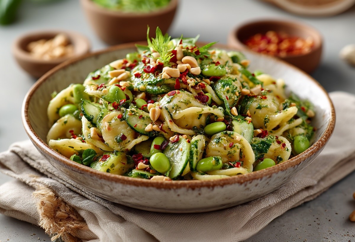 Eine Schüssel Nudelsalat mit Erdnussdressing, Gurke, Edamame und Chiliflocken, daneben einige Zutaten.