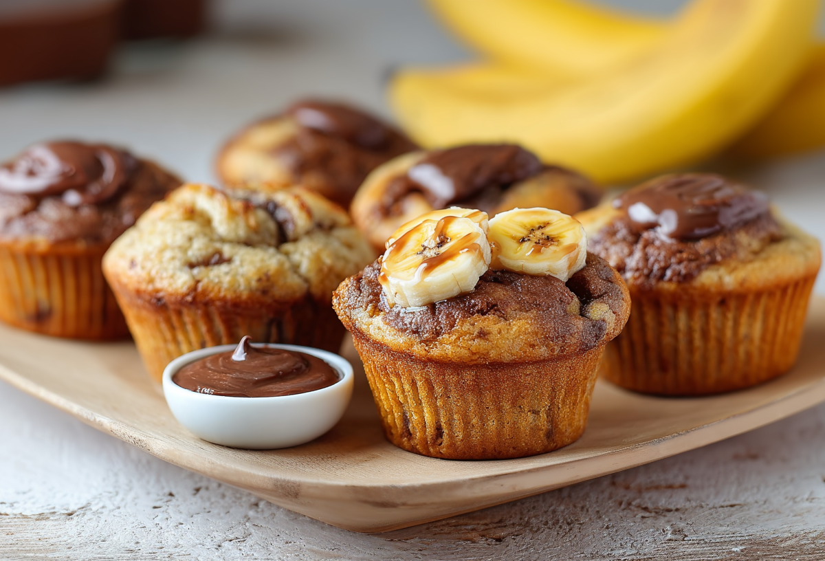 Nutella-Bananen-Muffins, serviert auf einem Teller. Daneben steht ein kleines Schälchen mit Nutella.