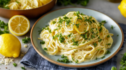 Ein Teller mit cremiger One Pot Lemon Pasta, garniert mit Zitronenscheiben und frischer Petersilie. Zitronen liegen neben dem Teller, im Hintergrund ist ein Topf zu sehen.