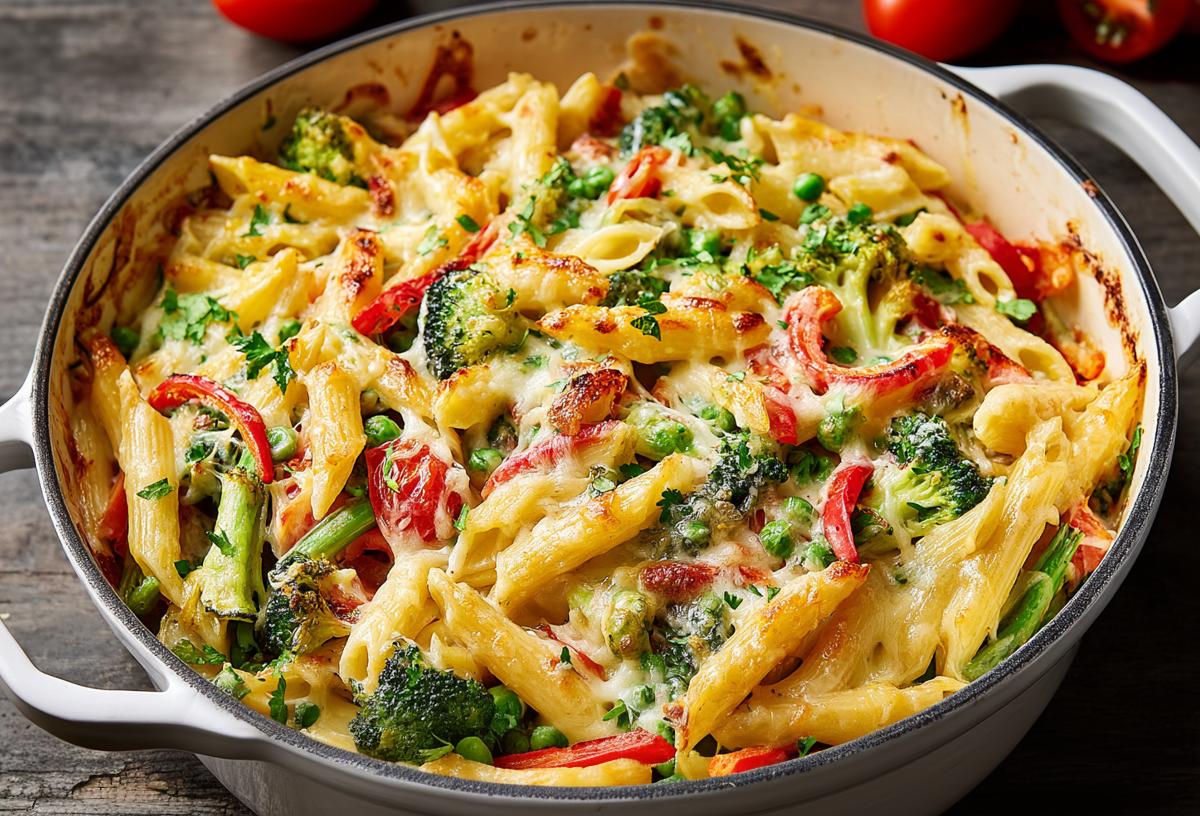 Pasta-Primavera-Auflauf in einem emaillierten Kochtopf, überbacken mit Käse.
