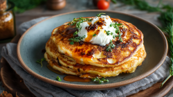 Ein Stapel pikanter Halloumi-Pancakes auf einem graublauen Teller. Sie sind mit Schmand und Öl getoppt. Im Hintergrund sieht man weitere Zutaten.