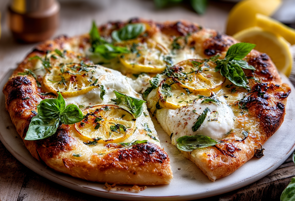 Pizza Bianca mit Zitronen und Burrata auf einem Pizzateller.