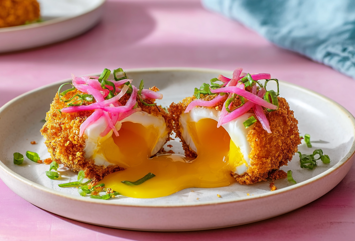 Pochierte Eier in Panko-Knusperpanade auf einem hellen Teller, garniert mit eingelegten roten Zwiebeln.